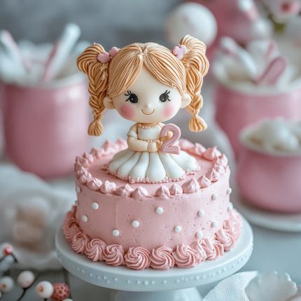 Beautiful birthday cake with a kitten figure and brigh